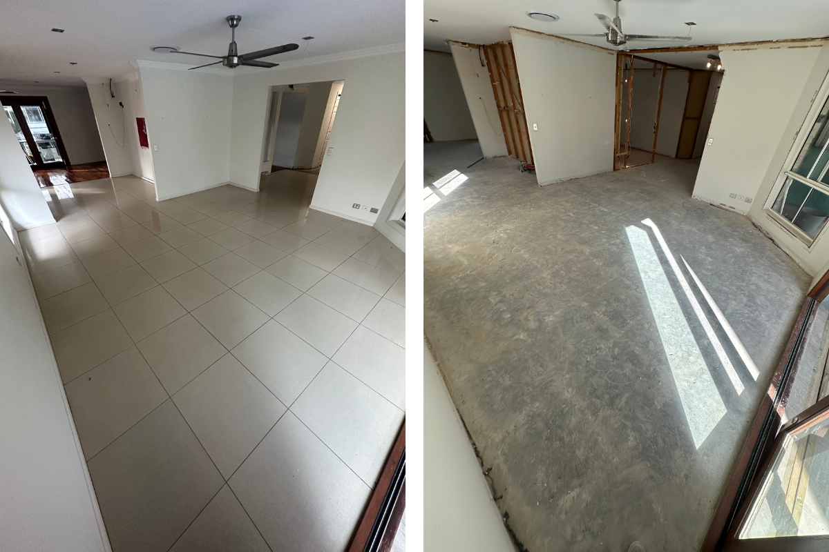 Before and after floor tile removal project
