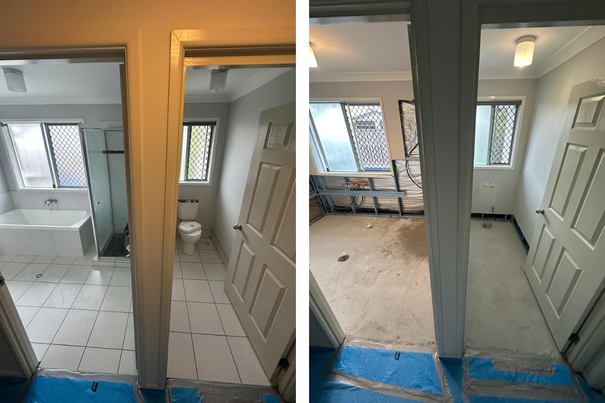 Before and after internal bathroom demolition project